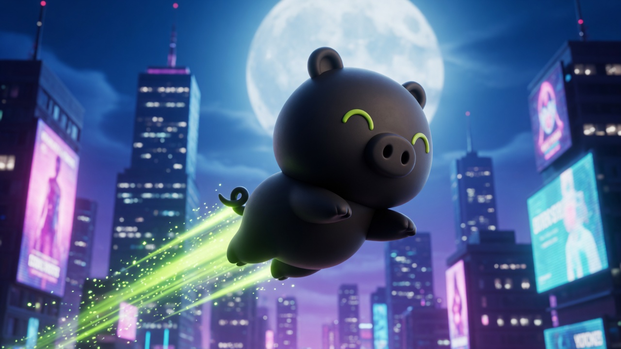 LPAD PIG flying over the city toward the moon
